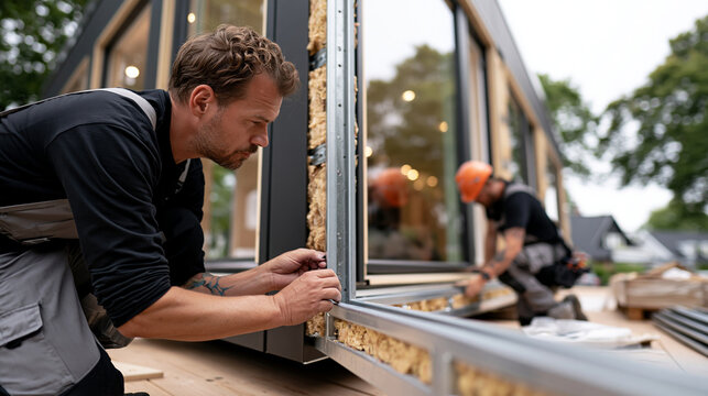 Realistic modern construction scene, two prefabricated home modules being carefully aligned and joined together on a suburban construction site, workers in correct PPE checking the
