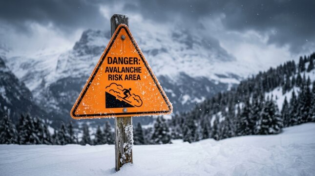 Danger avalanche risk area warning sign in a snowy winter mountain