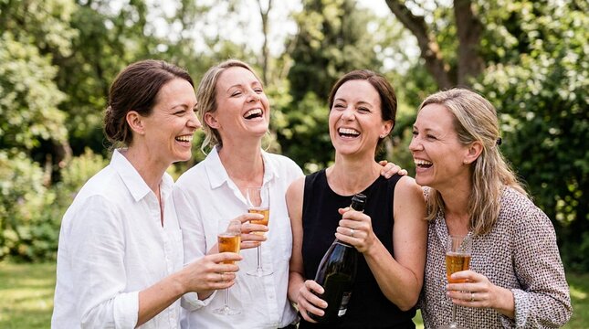 Four women laughing joyfully together holding champagne glasses outdoors