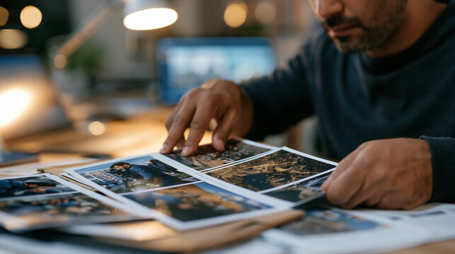 Realistic documentary-style commercial scene, close-up on hands sorting through blurred photographs and folders on a cluttered newsroom desk, soft desk lamp lighting, out-of-focus