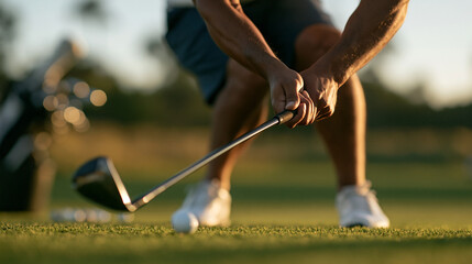Fototapeta premium Realistic athletic lifestyle photography, close-up on a male golfer's hands gripping a golf club at a driving range during golden hour, blurred bucket of balls and long fairway in