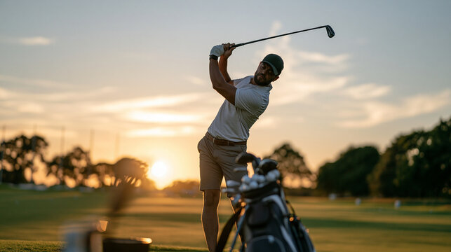 Realistic athletic lifestyle photography, a male golfer practicing alone at a driving range during golden hour, mid-swing with a driver, a bucket of golf balls beside him, long fai
