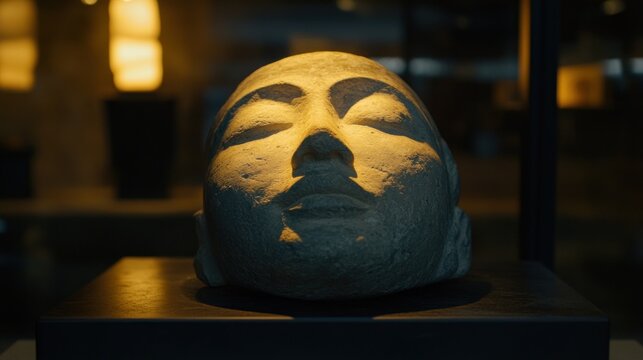 Serene stone mask museum display, night lighting