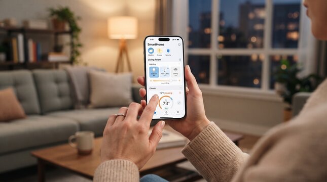 Person controlling smart home devices via smartphone in cozy living room setting
