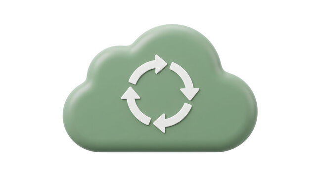 Three dimensional green cloud icon featuring a circular loading refresh arrow symbol rendered in a soft glossy plastic on transparent background