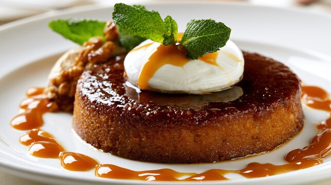 A gourmet culinary composition featuring caramel topping plated with refined restaurant presentation and luxury dessert styling