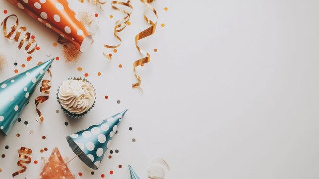 Colorful party hats and cupcake on a festive table setting