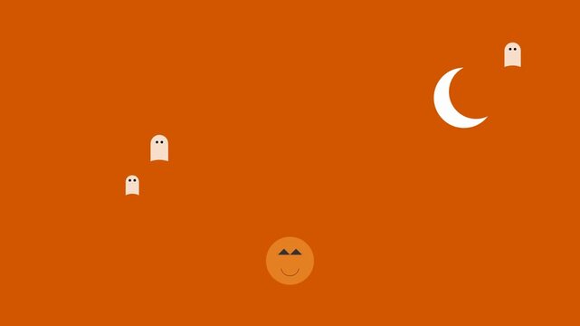 Cute cartoon ghosts floating in the night sky with a smiling pumpkin and crescent moon on an orange halloween background 4K Motion Video