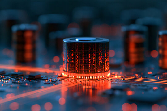 Futuristic Electronic Circuit Board with Glowing Red and Blue Lights representing High Tech Data Processing and Hardware Infrastructure
