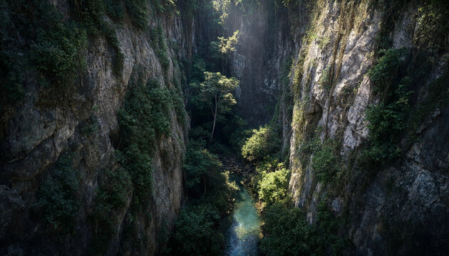 A narrow, deep canyon with steep, mossy rock walls and a small river flowing at the bottom, illuminated by a single beam of bright sunlight