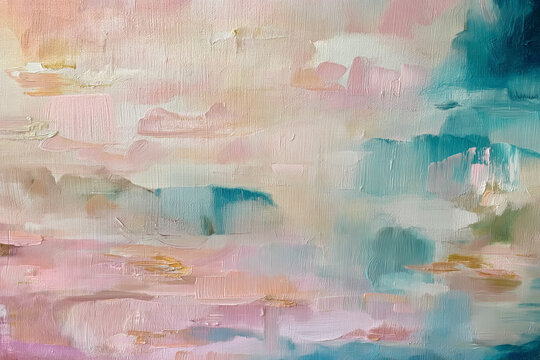 Abstract oil painting presenting a gentle blend of pastel pink, teal, and beige colors on a textured canvas, forming a calming background