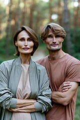 Fototapeta premium Mature couple outdoor portrait forest background for lifestyle banner and website design