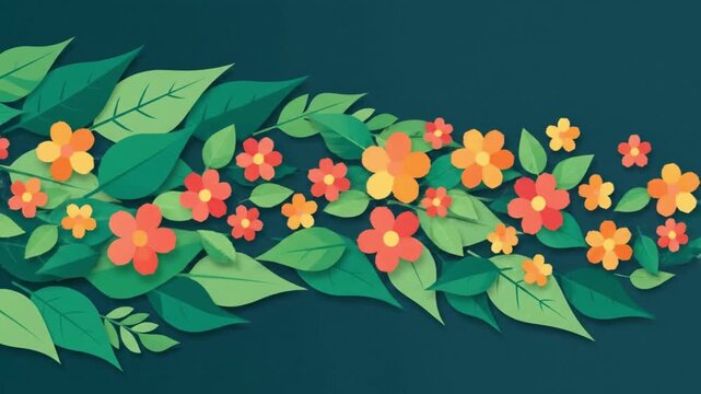 Vibrant paper craft flowers and green leaves flowing across a dark background in this beautiful floral motion design animation clip