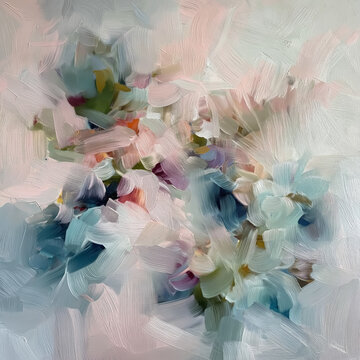 Abstract artwork featuring impressionistic brushwork and soft pastel hues, evoking a feeling of tranquility and modern elegance