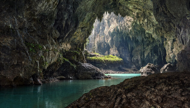 A serene underground cavern featuring a tranquil turquoise pool of water surrounded by rugged limestone rock formations and mossy textures