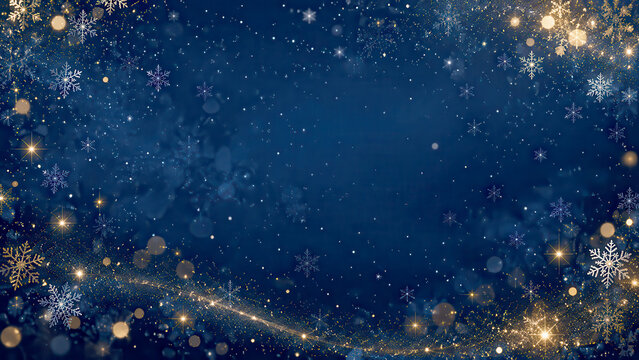 Elegant Christmas Background with Falling Snowflakes and Golden Sparkling Lights on Navy Blue
