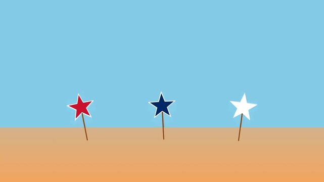 Three decorative star sticks in red blue and white colors standing upright on a flat surface against a light blue sky background for patriotic celebrations and holidays 4K Motion Video