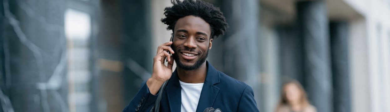 Casual businessman smiling while on phone portrait for corporate website banner and professional profile, navy blazer and white tee outside modern office columns