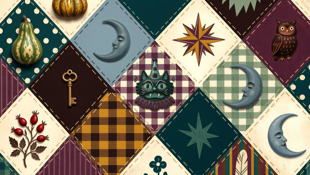A whimsical Halloween-themed patchwork quilt with spooky and autumnal motifs.