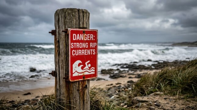 Danger strong rip currents warning sign on coastal beach with rough sea