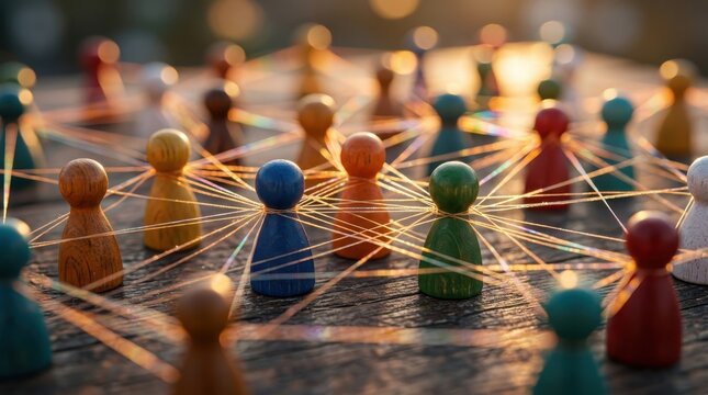 Wooden pawns connected with string representing social network and team
