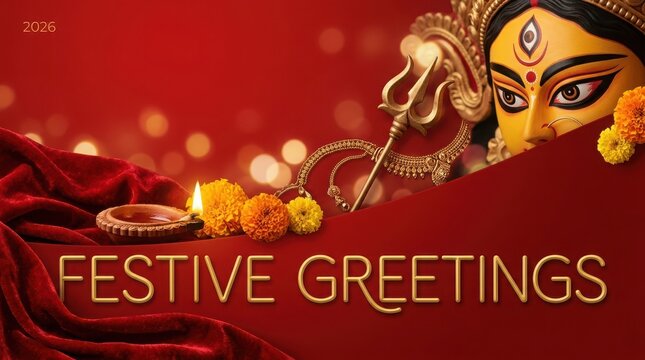 Festive greetings 2026 poster with goddess durga eyes golden trishul marigold flowers red velvet fabric bokeh background.