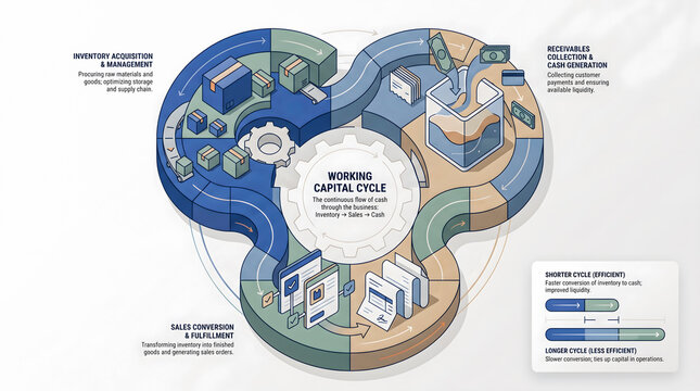 Clean business finance illustration showing the working capital cycle from inventory and sales to receivables and cash, designed for financial planning and corporate presentations.