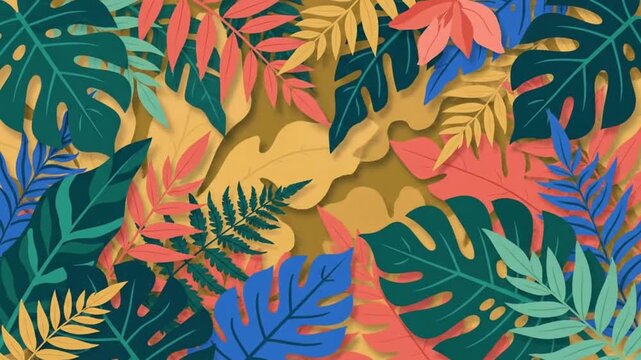 Tropical jungle leaf pattern animation featuring colorful exotic foliage moving slowly in this vibrant digital art motion background video clip