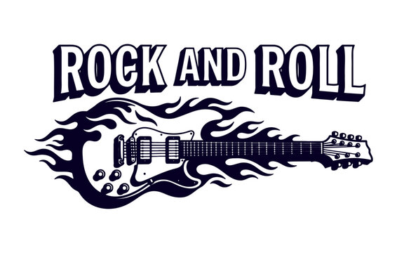 Rock and Roll Guitar Flames Typography Vector Art Illustration Design