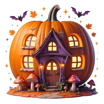 whimsical Halloween clipart of a tiny magical house carved inside a large pumpkin