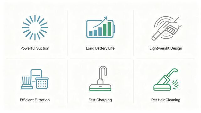 Line wireless vacuum cleaner icon, strong suction, long endurance, lightweight and efficient dust filtration, suitable for wireless cleaning of home appliances main images and promotional materials.
