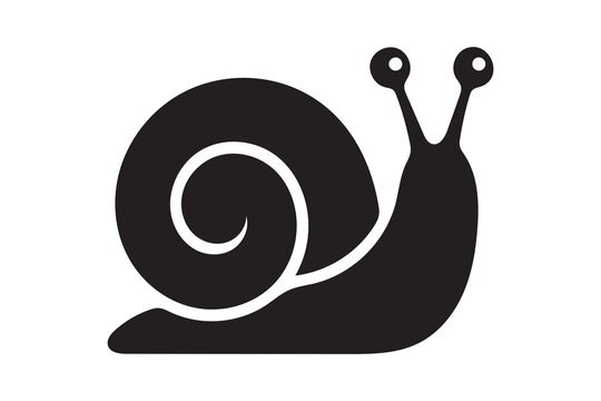 A clean, solid black vector icon depicting a cute cartoon snail with a spiral shell and eye tentacles, ideal for nature, slow living, gardening, and wildlife themes.
