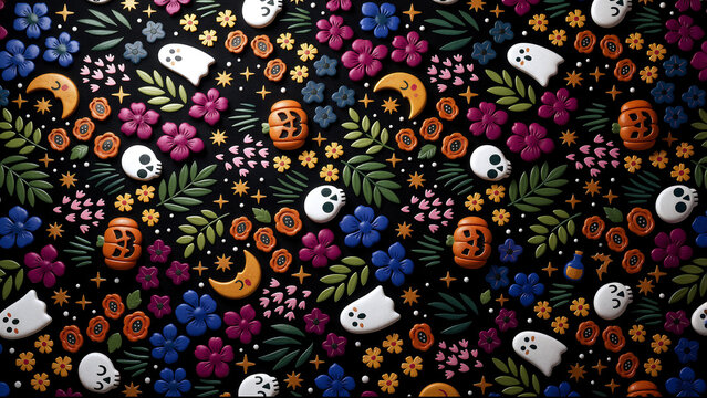 A spooky and festive Halloween pattern with ghosts, skulls, and pumpkins.
