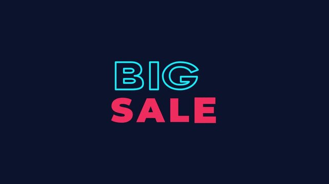 Big sale text sign with neon light style lettering in blue and red colors on a dark background for retail promotion and marketing advertising events and shopping discounts on products and services