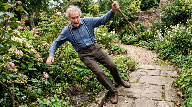 Elderly man falling on garden path while walking with cane. Senior losing balance and tripping outdoors. Elderly health risk, accident and injury prevention concept for aging safety