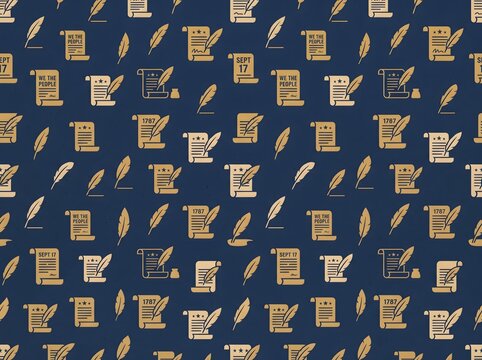 Constitution Day seamless pattern quill scroll icons navy