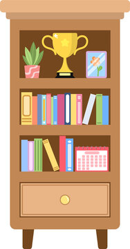 Wooden bookcase with colorful books, golden trophy cup, potted plant, and a desk calendar