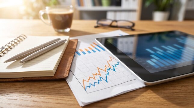 Financial analysis workstation with digital tablet charts and coffee c