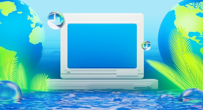 retro-future y2k 2000s frutiger aero aqua web 2.0 gloss with stage podium for product display showcase, 3d illustration rendering abstract background, technology and nature environment concept