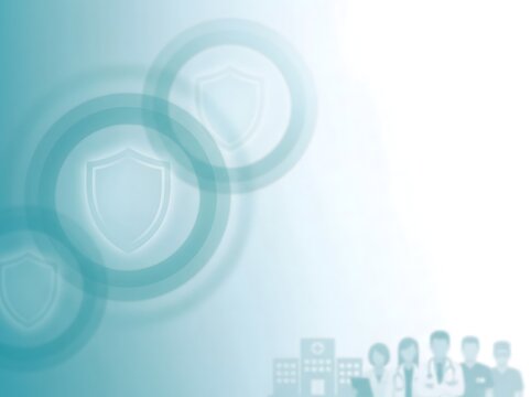 Medical security and healthcare safety background. Blue design with doctor team, hospital building, and shield icons. Professional medical concept, healthcare service