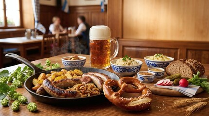 Fototapeta premium Traditional Bavarian Feast with Beer, Sausages, and Pretzels