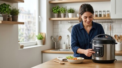 Fototapeta premium Young adult woman preparing healthy food in modern kitchen with smart appliance