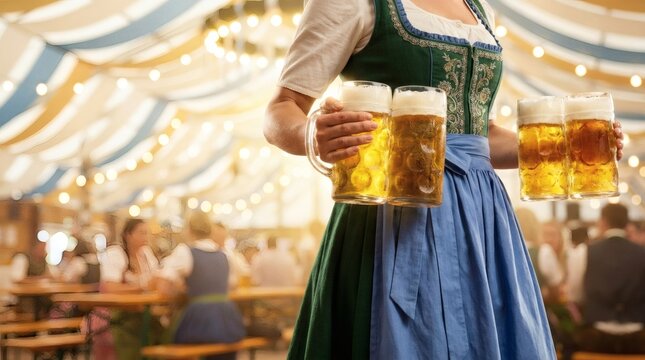 Bavarian Woman in Dirndl Serving Oktoberfest Beer Steins at Festive Tent