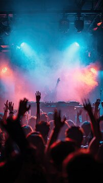 DJ performing for a crowd at a concert with smoke and lights