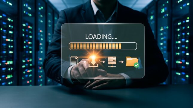 Data loading progress bar on virtual screen, businessman managing cloud server backup, digital information transfer in data center