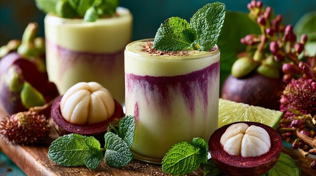 A mangosteen smoothie composition featuring freshly blended tropical drinks surrounded by sliced mangosteen, mint leaves, and vibrant botanical garnishes