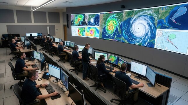 Meteorologists monitor hurricane forecasts on large screens in a busy weather operations center