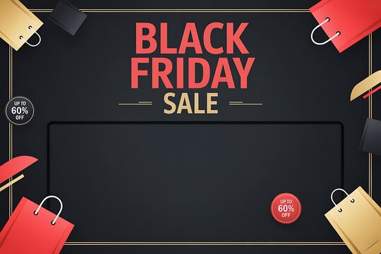 Black friday sale banner background with red and gold shopping bags on a dark textured surface