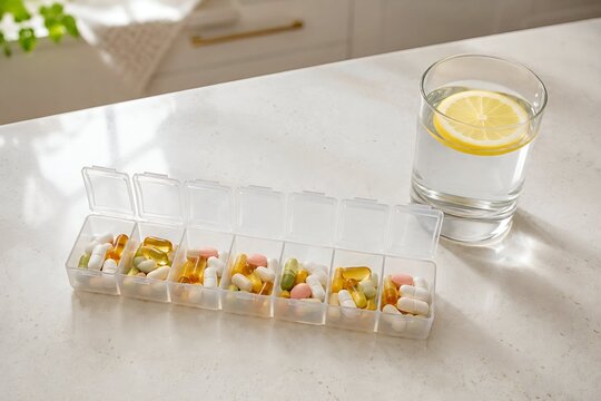 Daily Vitamin and Supplement Organizer with Glass of Water