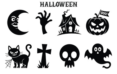 Fototapeta premium Halloween collection spooky symbols moon hand haunted house pumpkin cat cross.